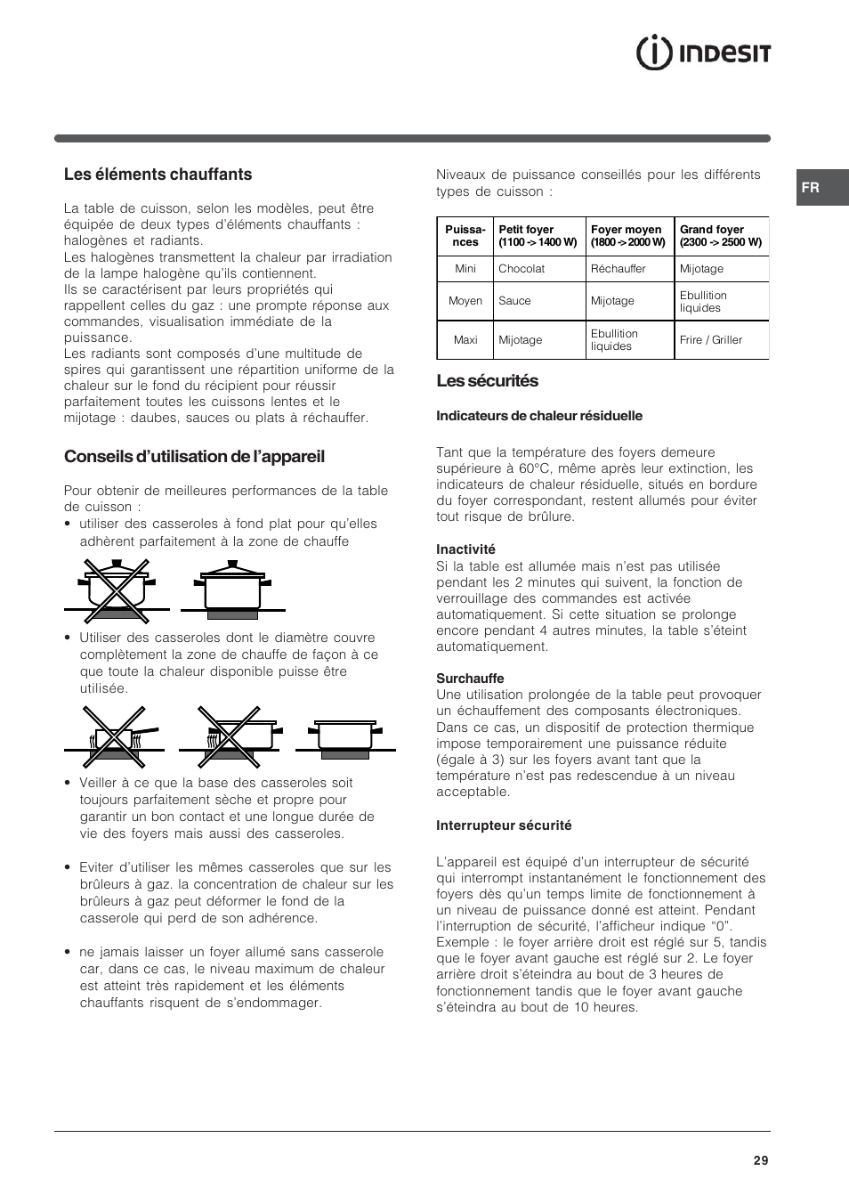 Les éléments chauffants, Conseils dutilisation de lappareil, Les sécurités | Indesit TK64SIX User Manual | Page 29 / 68