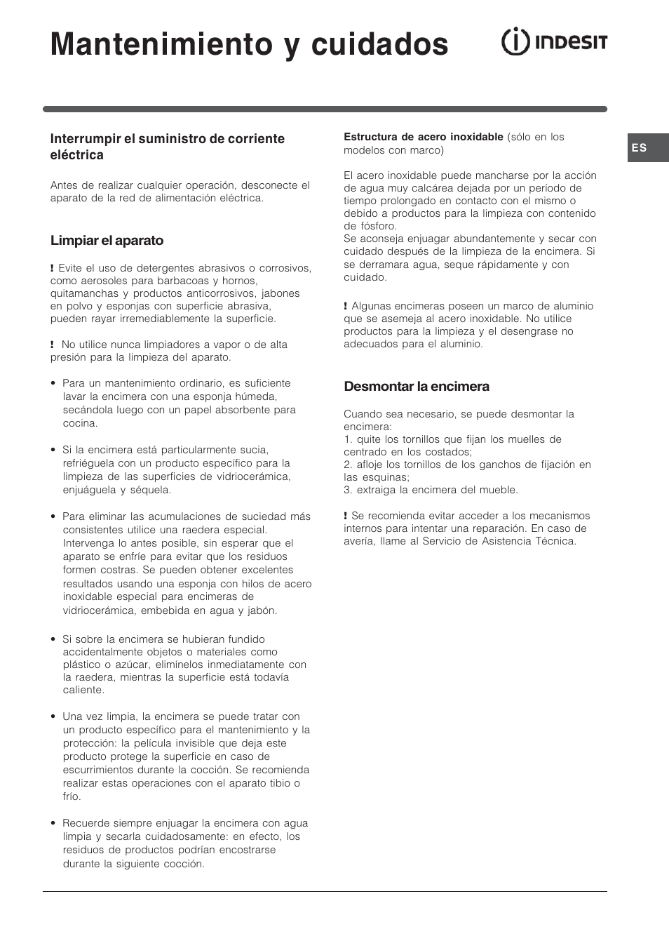Mantenimiento y cuidados | Indesit TK64SIX User Manual | Page 43 / 68