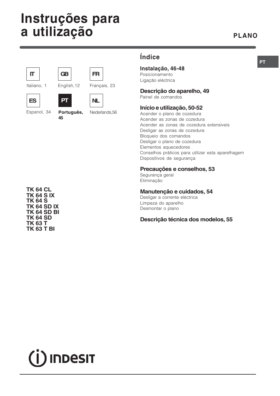 Instruções para a utilização, Plano índice | Indesit TK64SIX User Manual | Page 45 / 68
