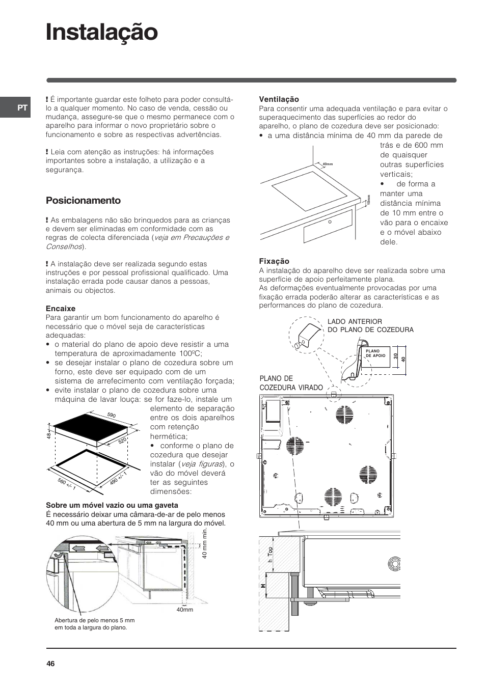 Instalação, Posicionamento | Indesit TK64SIX User Manual | Page 46 / 68