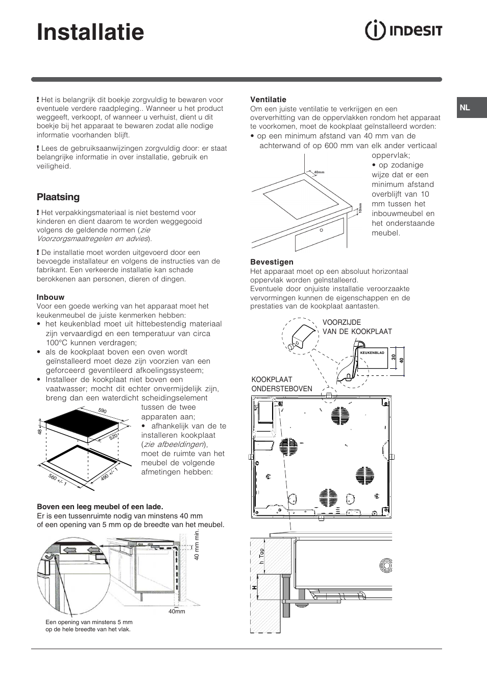 Installatie, Plaatsing | Indesit TK64SIX User Manual | Page 57 / 68