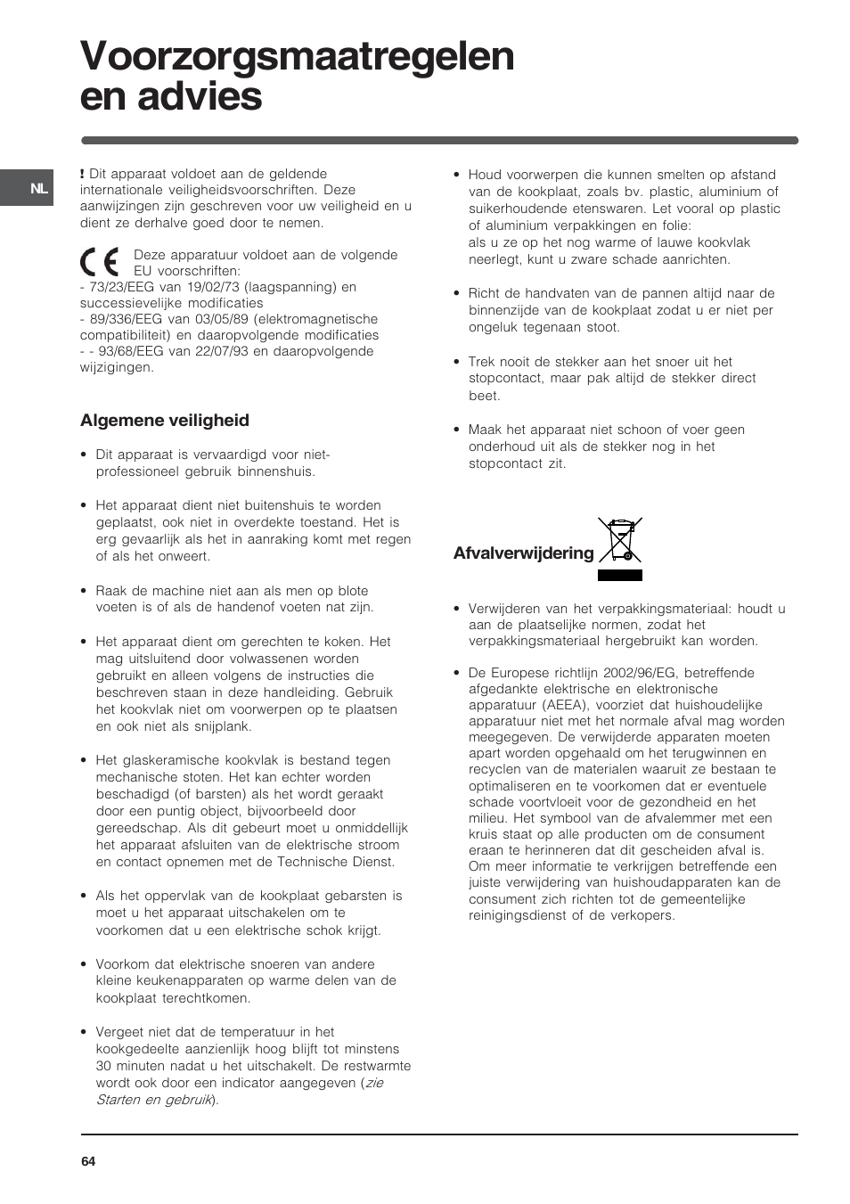 Voorzorgsmaatregelen en advies | Indesit TK64SIX User Manual | Page 64 / 68