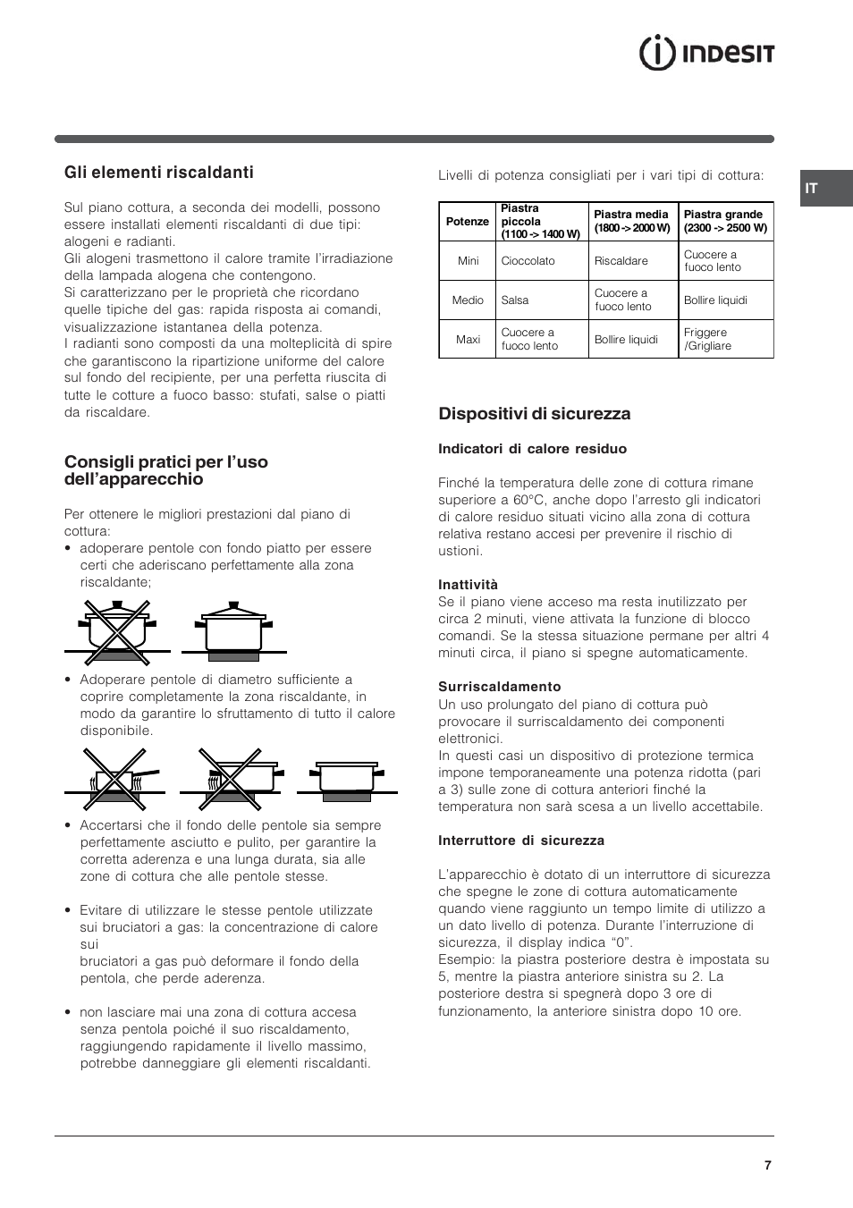 Gli elementi riscaldanti, Consigli pratici per luso dellapparecchio, Dispositivi di sicurezza | Indesit TK64SIX User Manual | Page 7 / 68