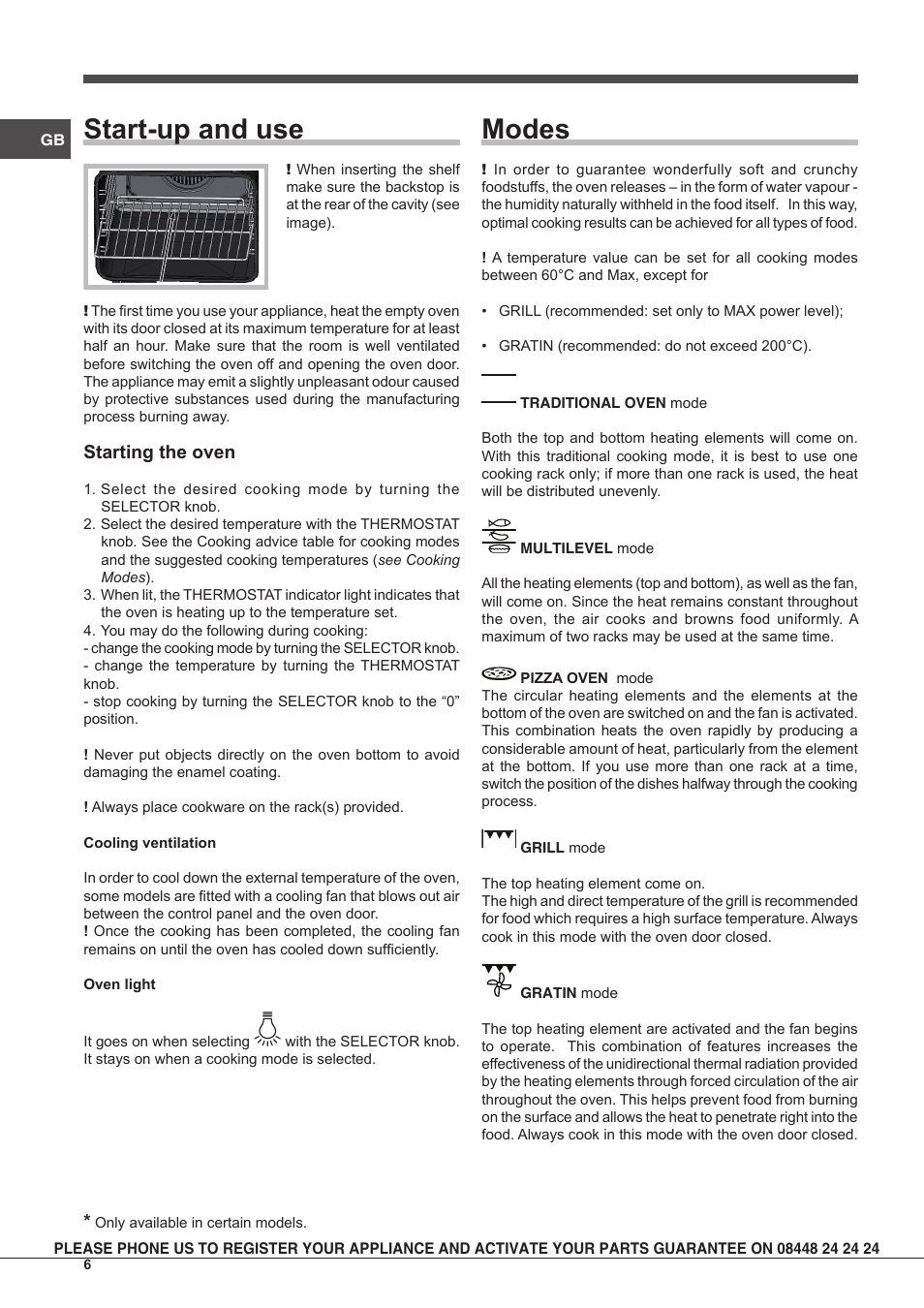 Start-up and use, Modes, Starting the oven | Indesit IFG63KABKGB User Manual | Page 6 / 16