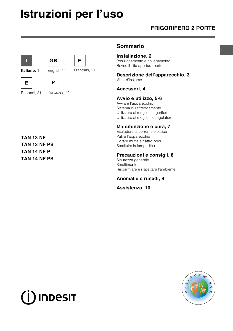 Indesit TAN14NFP I GB F ES P User Manual | 52 pages