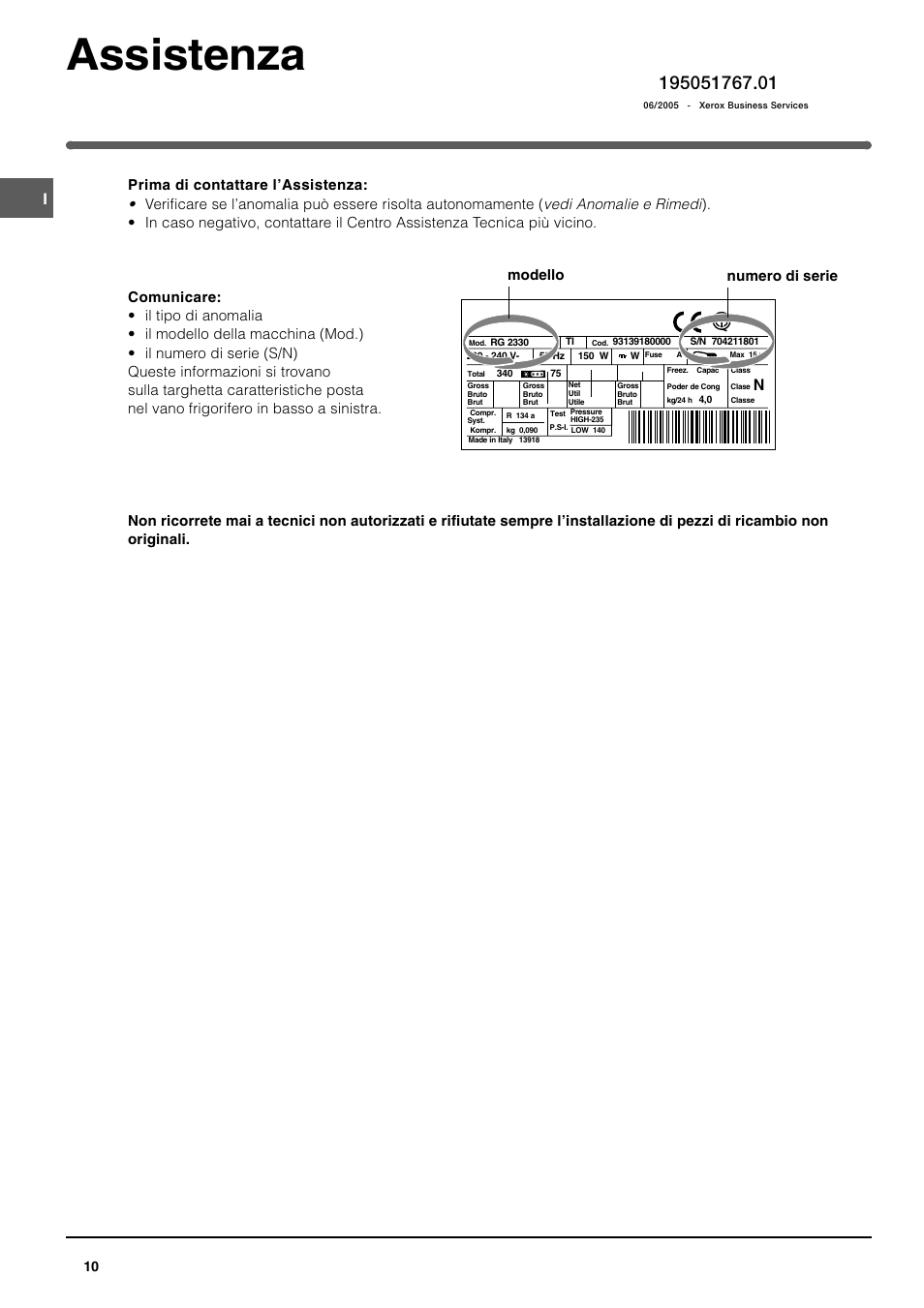 Assistenza, Modello numero di serie | Indesit TAN14NFP I GB F ES P User Manual | Page 10 / 52