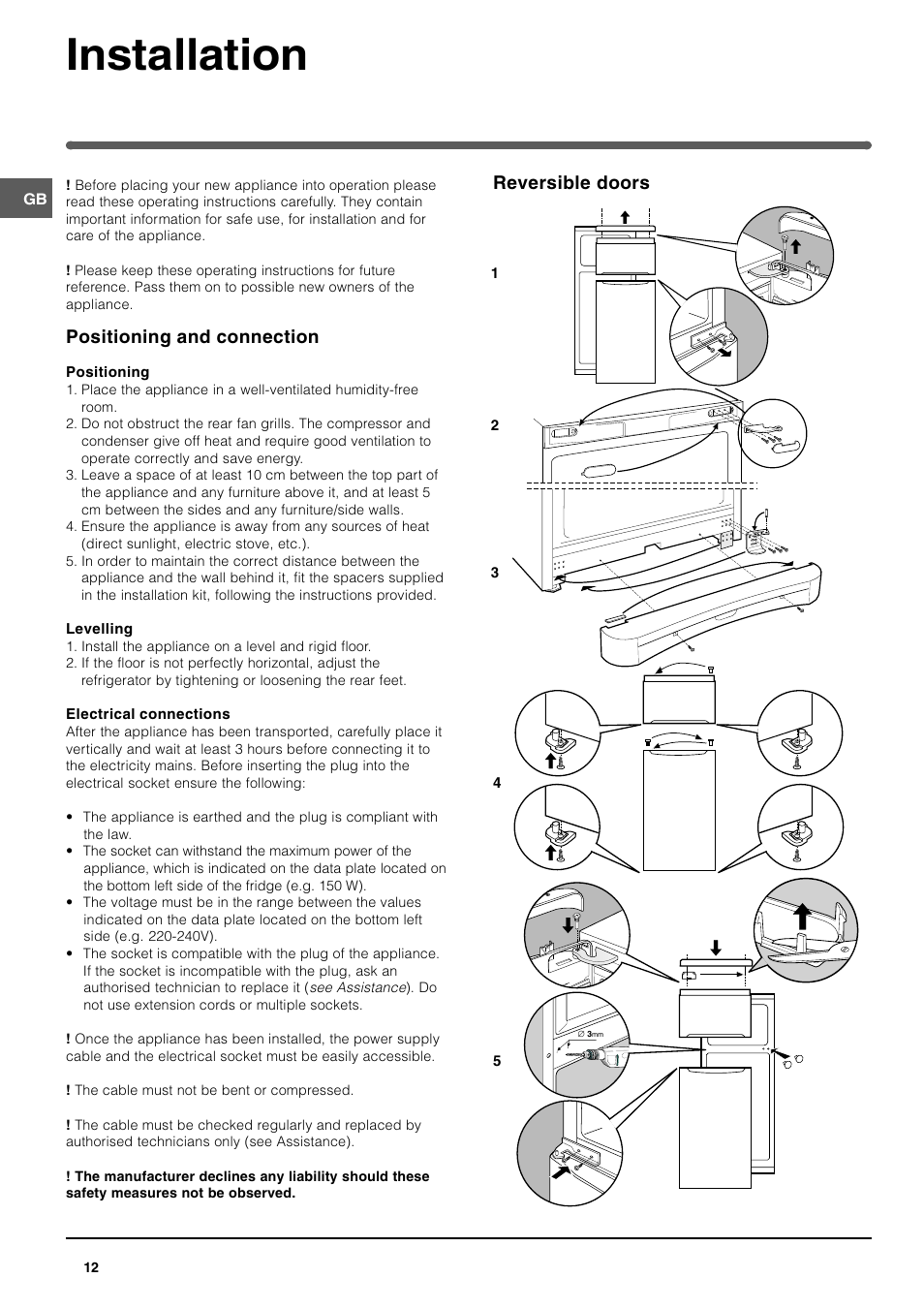 Installation, Positioning and connection, Reversible doors | Indesit TAN14NFP I GB F ES P User Manual | Page 12 / 52