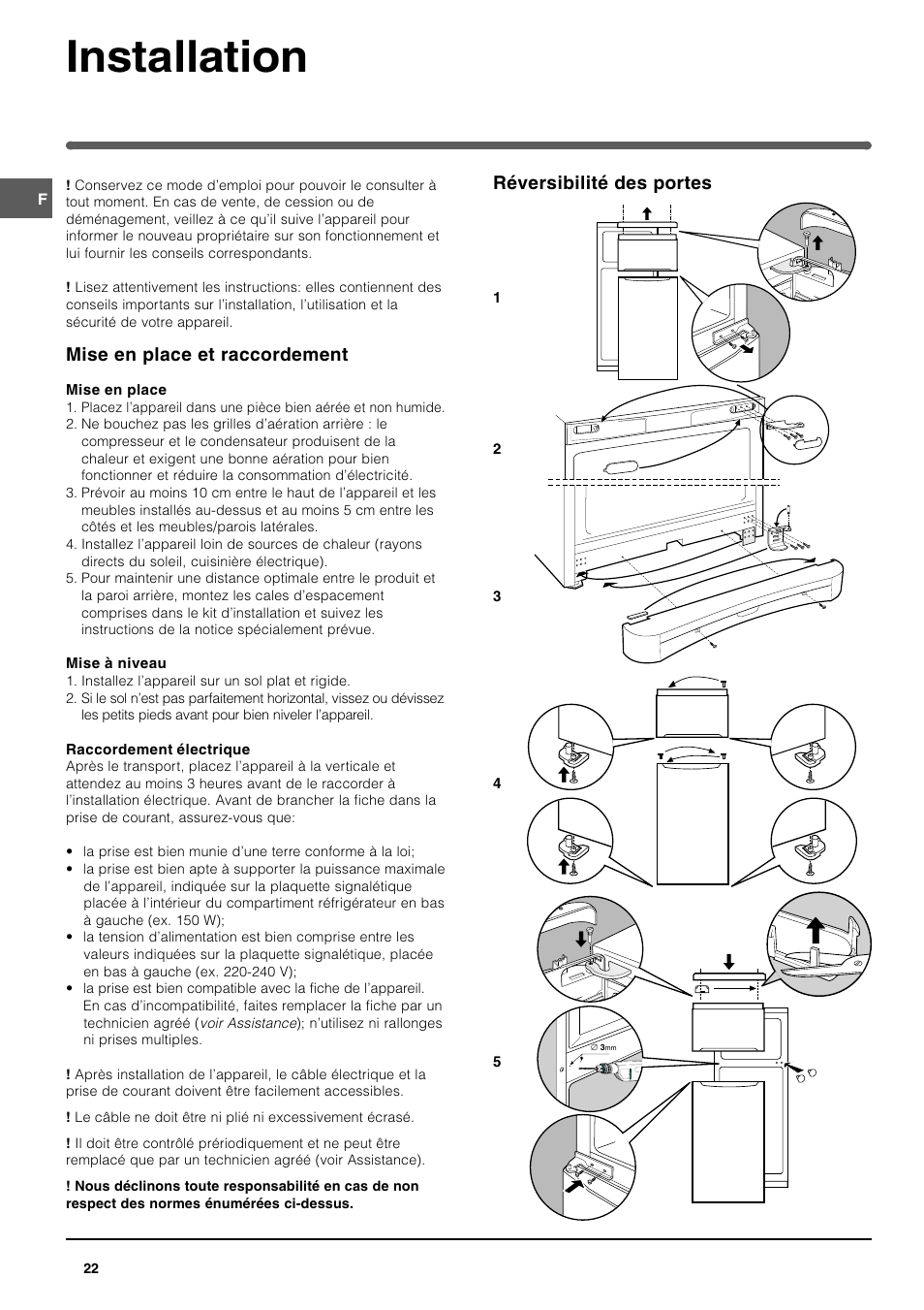 Installation, Mise en place et raccordement, Réversibilité des portes | Indesit TAN14NFP I GB F ES P User Manual | Page 22 / 52