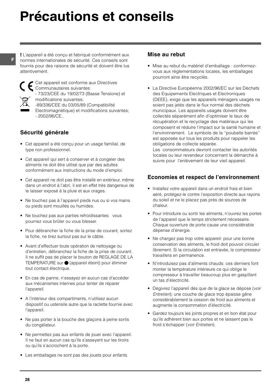 Précautions et conseils | Indesit TAN14NFP I GB F ES P User Manual | Page 28 / 52