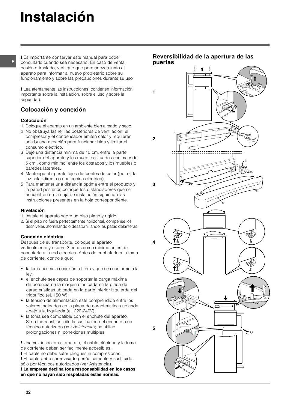 Instalación, Reversibilidad de la apertura de las puertas, Colocación y conexión | Indesit TAN14NFP I GB F ES P User Manual | Page 32 / 52