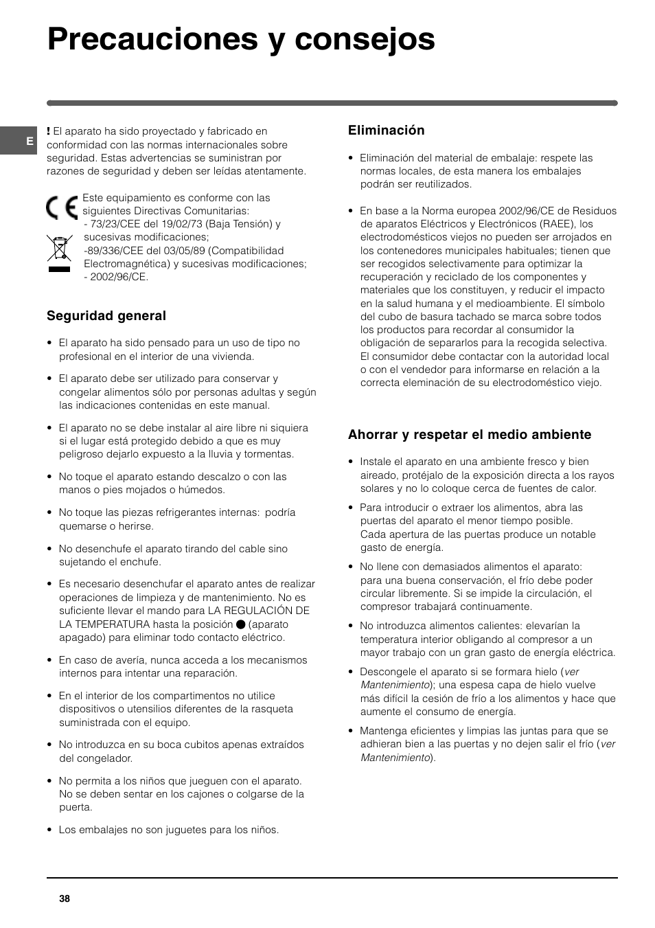 Precauciones y consejos | Indesit TAN14NFP I GB F ES P User Manual | Page 38 / 52
