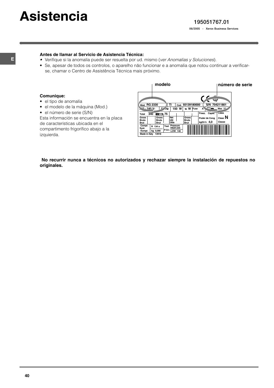Asistencia | Indesit TAN14NFP I GB F ES P User Manual | Page 40 / 52