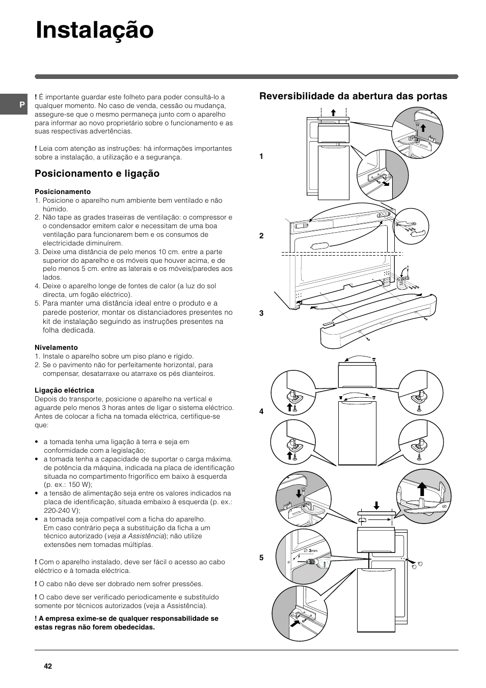 Instalação, Posicionamento e ligação, Reversibilidade da abertura das portas | Indesit TAN14NFP I GB F ES P User Manual | Page 42 / 52