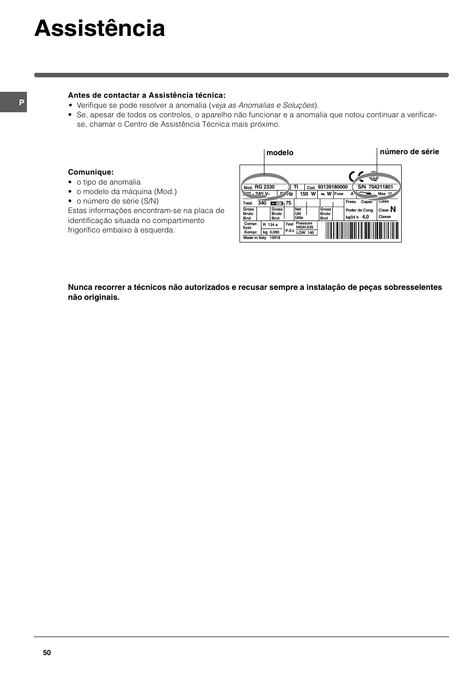 Assistência, Modelo número de série | Indesit TAN14NFP I GB F ES P User Manual | Page 50 / 52