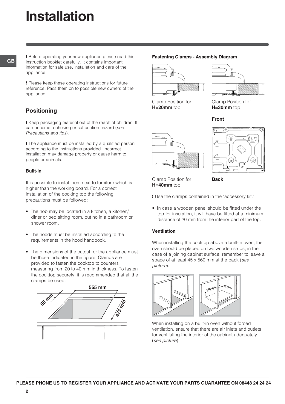Installation, Positioning | Indesit PI604WH User Manual | Page 2 / 12