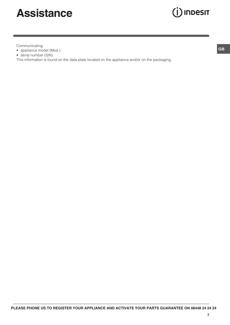 Assistance | Indesit PI604WH User Manual | Page 7 / 12