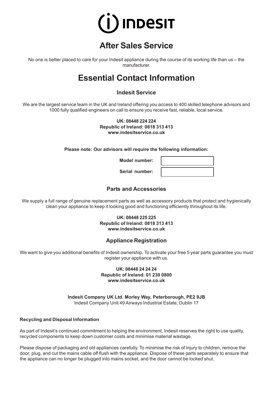 After sales service, Essential contact information | Indesit PI604WH User Manual | Page 9 / 12