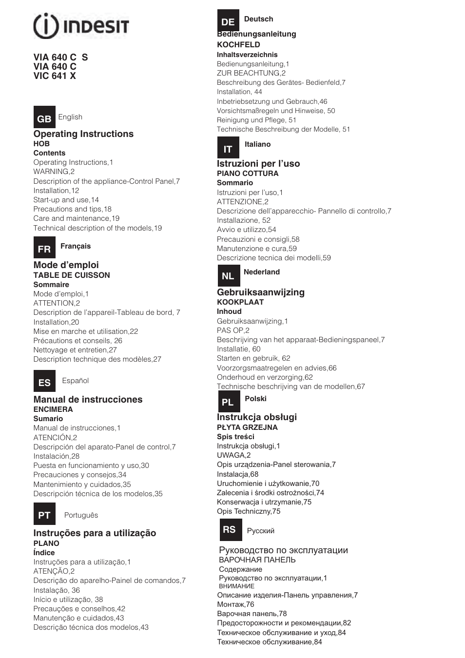 Indesit VIA640C – for models from April 2012 User Manual | 84 pages