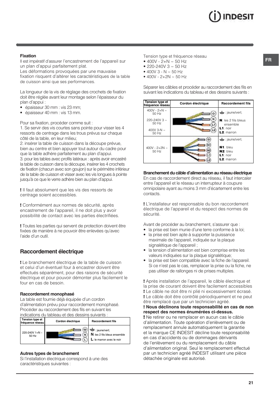 Raccordement électrique | Indesit VIA640C – for models from April 2012 User Manual | Page 21 / 84