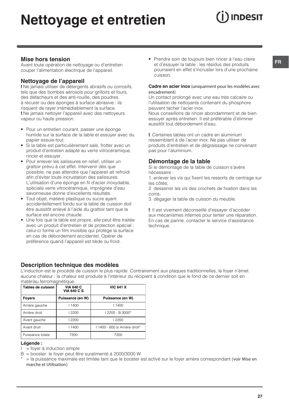 Nettoyage et entretien, Mise hors tension, Nettoyage de l’appareil | Démontage de la table, Description technique des modèles | Indesit VIA640C – for models from April 2012 User Manual | Page 27 / 84