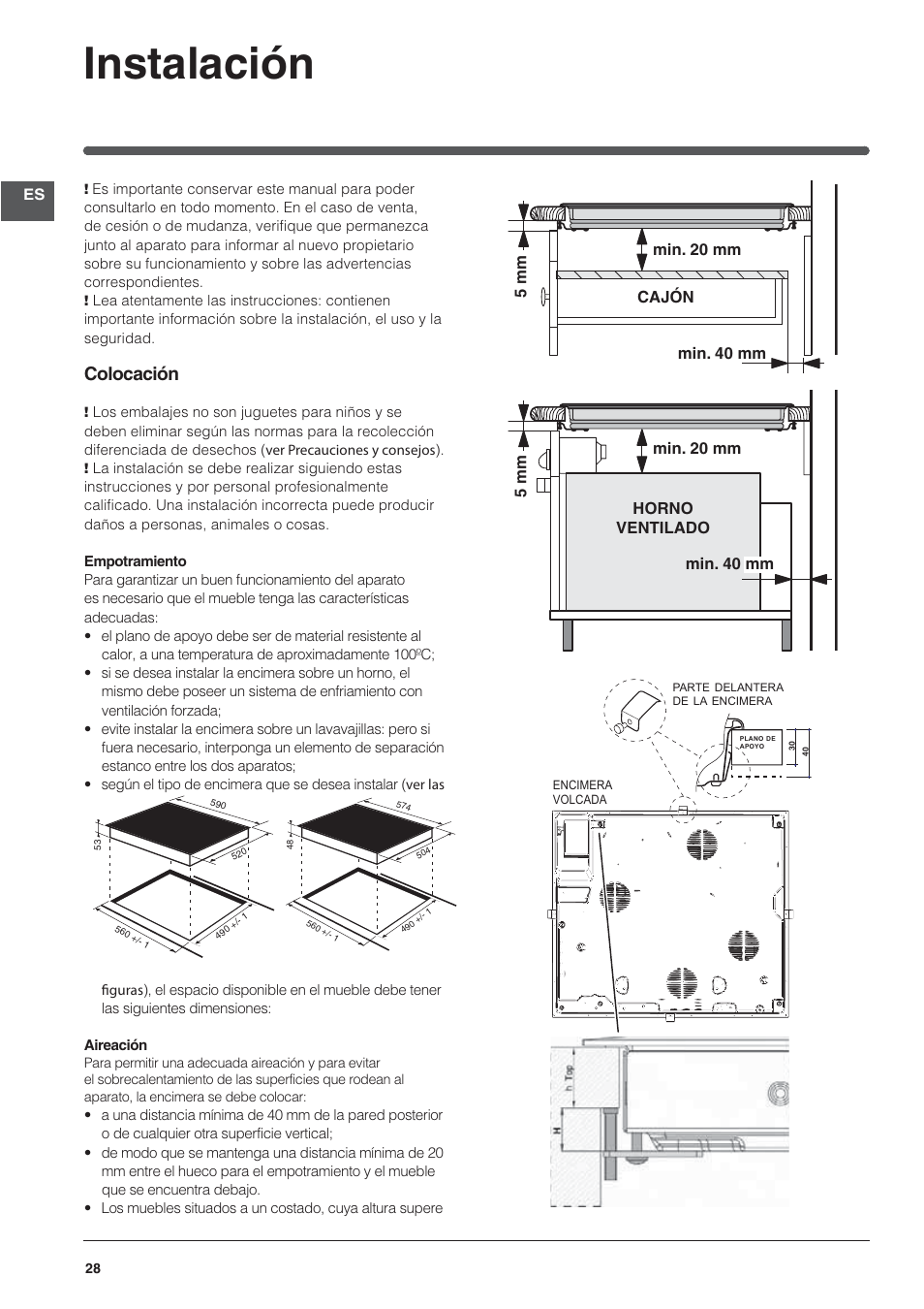 Instalación, Colocación | Indesit VIA640C – for models from April 2012 User Manual | Page 28 / 84