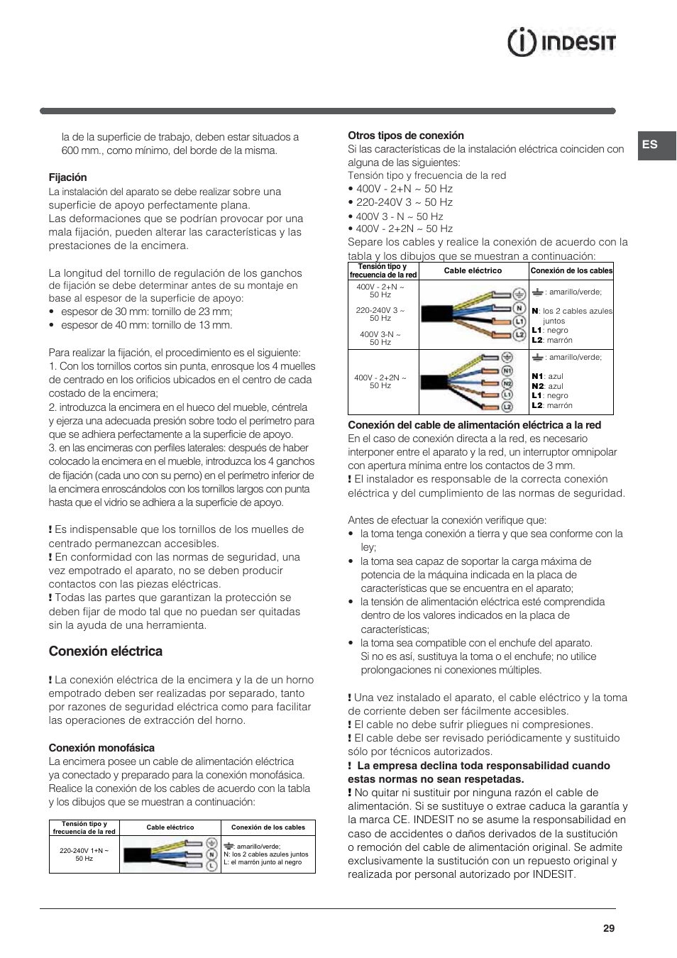 Conexión eléctrica | Indesit VIA640C – for models from April 2012 User Manual | Page 29 / 84