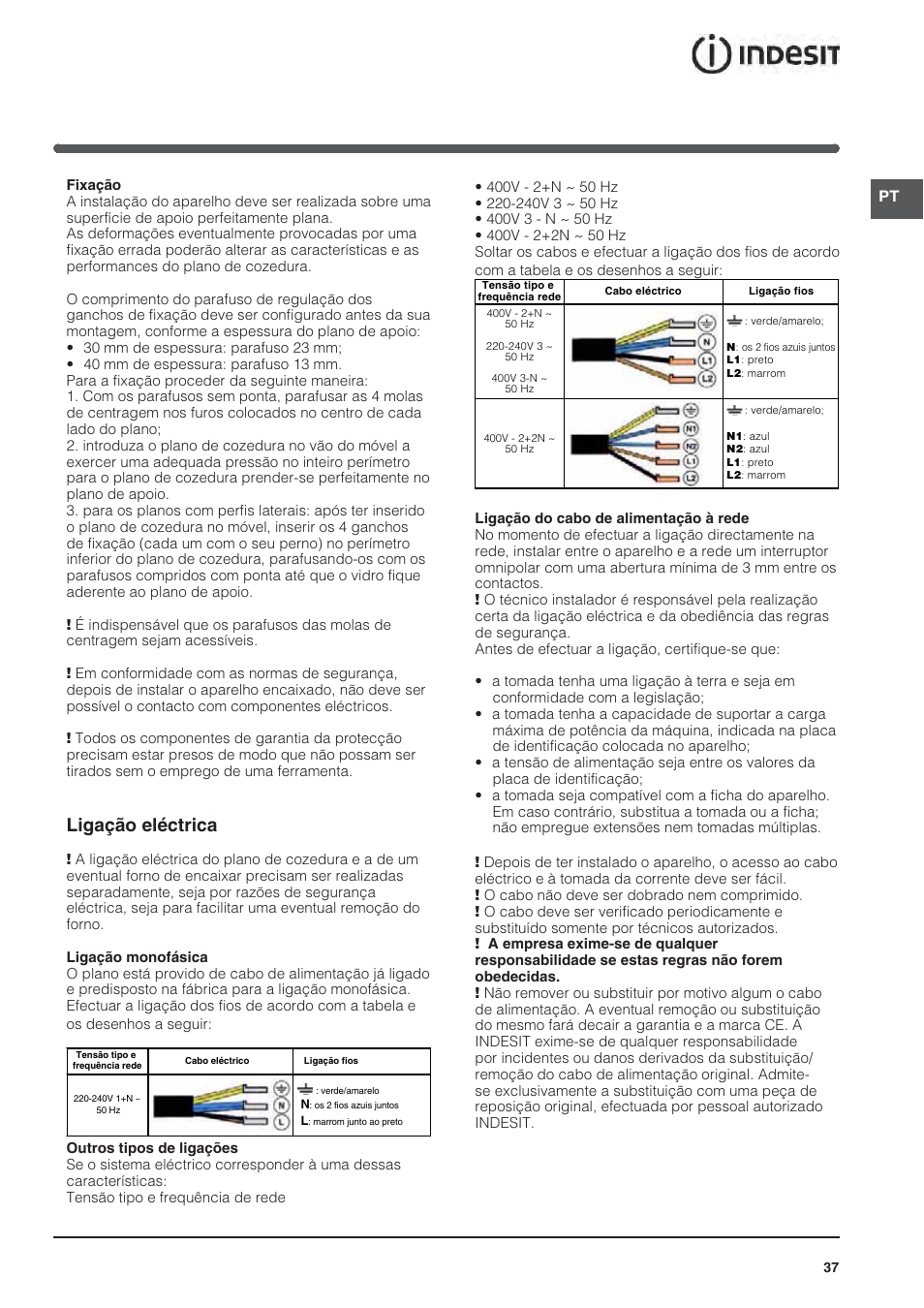 Ligação eléctrica | Indesit VIA640C – for models from April 2012 User Manual | Page 37 / 84