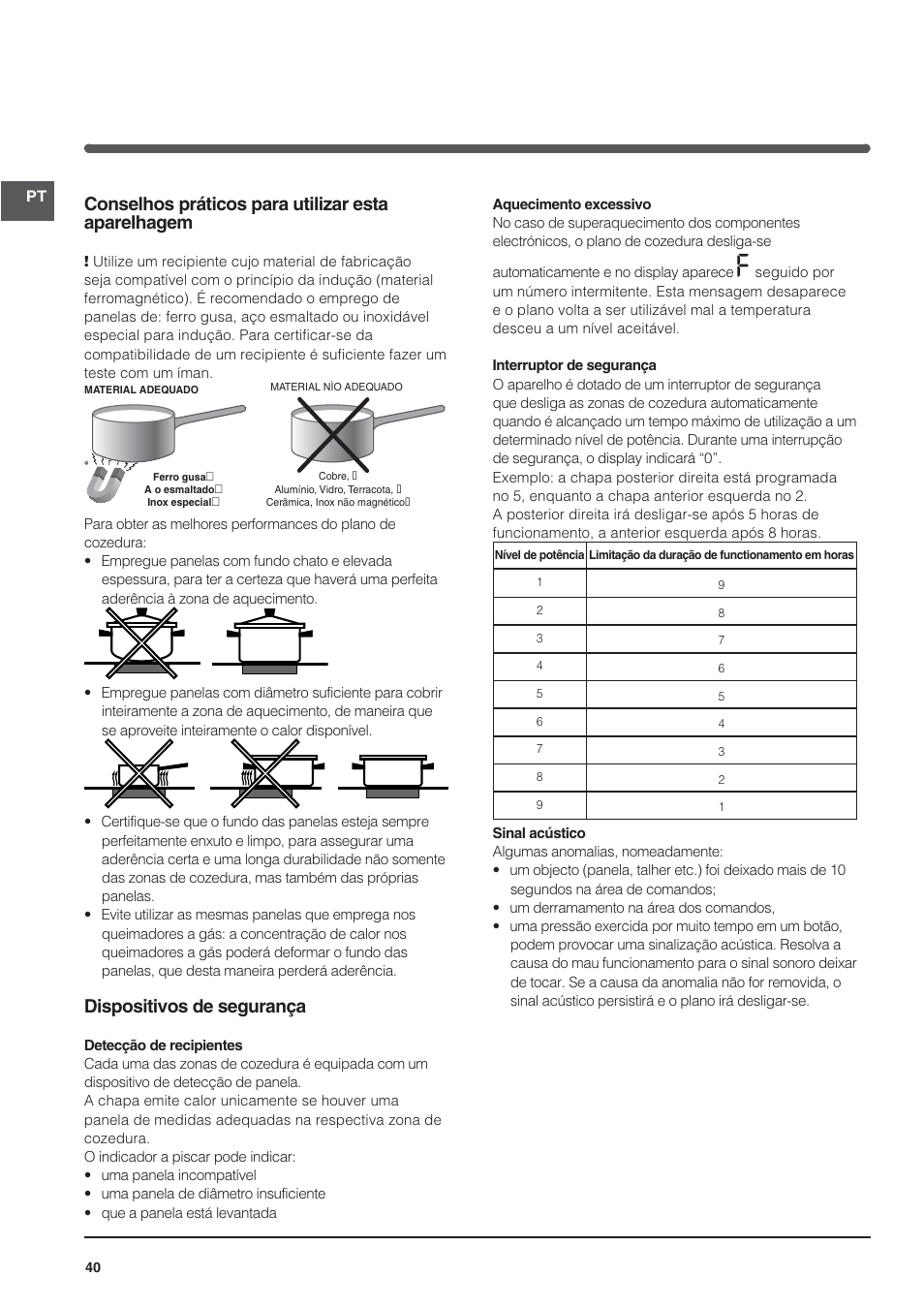 Conselhos práticos para utilizar esta aparelhagem, Dispositivos de segurança | Indesit VIA640C – for models from April 2012 User Manual | Page 40 / 84