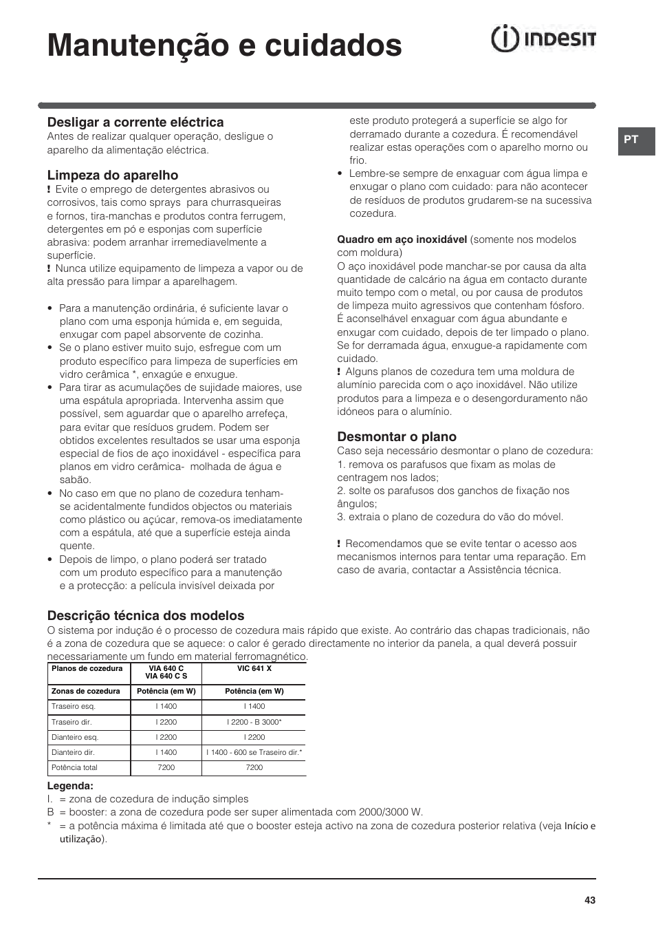 Manutenção e cuidados, Desligar a corrente eléctrica, Limpeza do aparelho | Desmontar o plano, Descrição técnica dos modelos | Indesit VIA640C – for models from April 2012 User Manual | Page 43 / 84