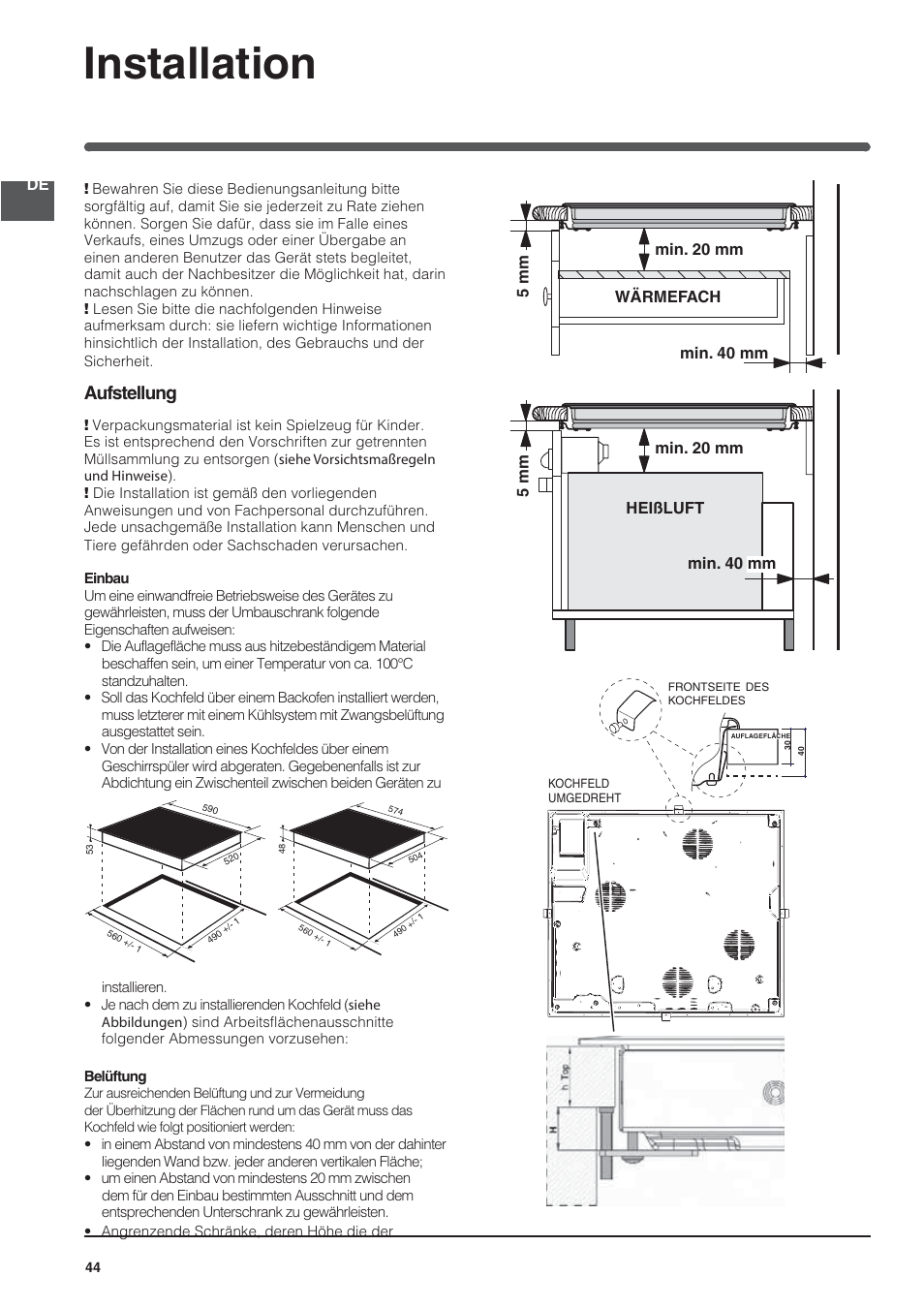 Installation, Aufstellung | Indesit VIA640C – for models from April 2012 User Manual | Page 44 / 84