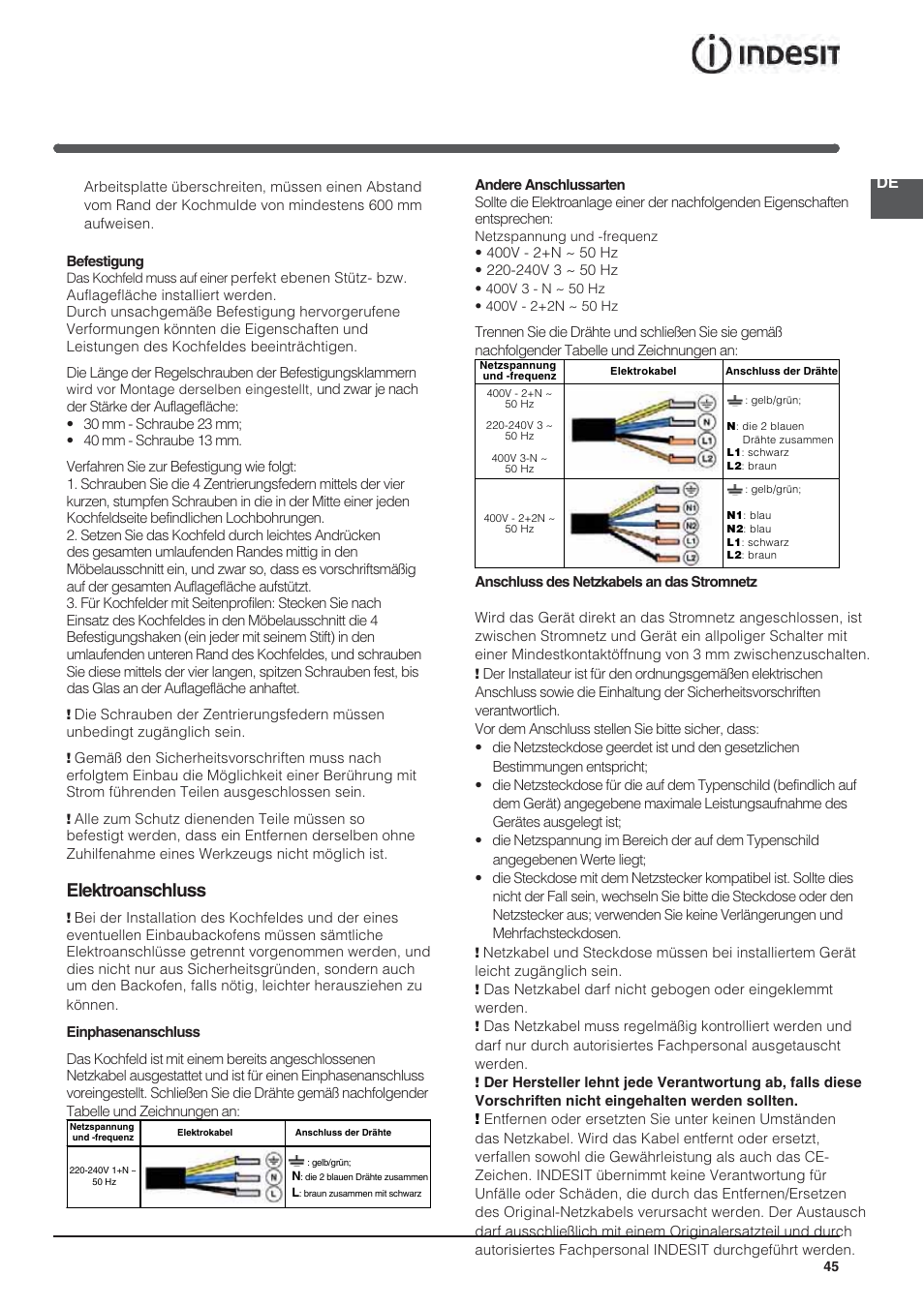 Elektroanschluss | Indesit VIA640C – for models from April 2012 User Manual | Page 45 / 84