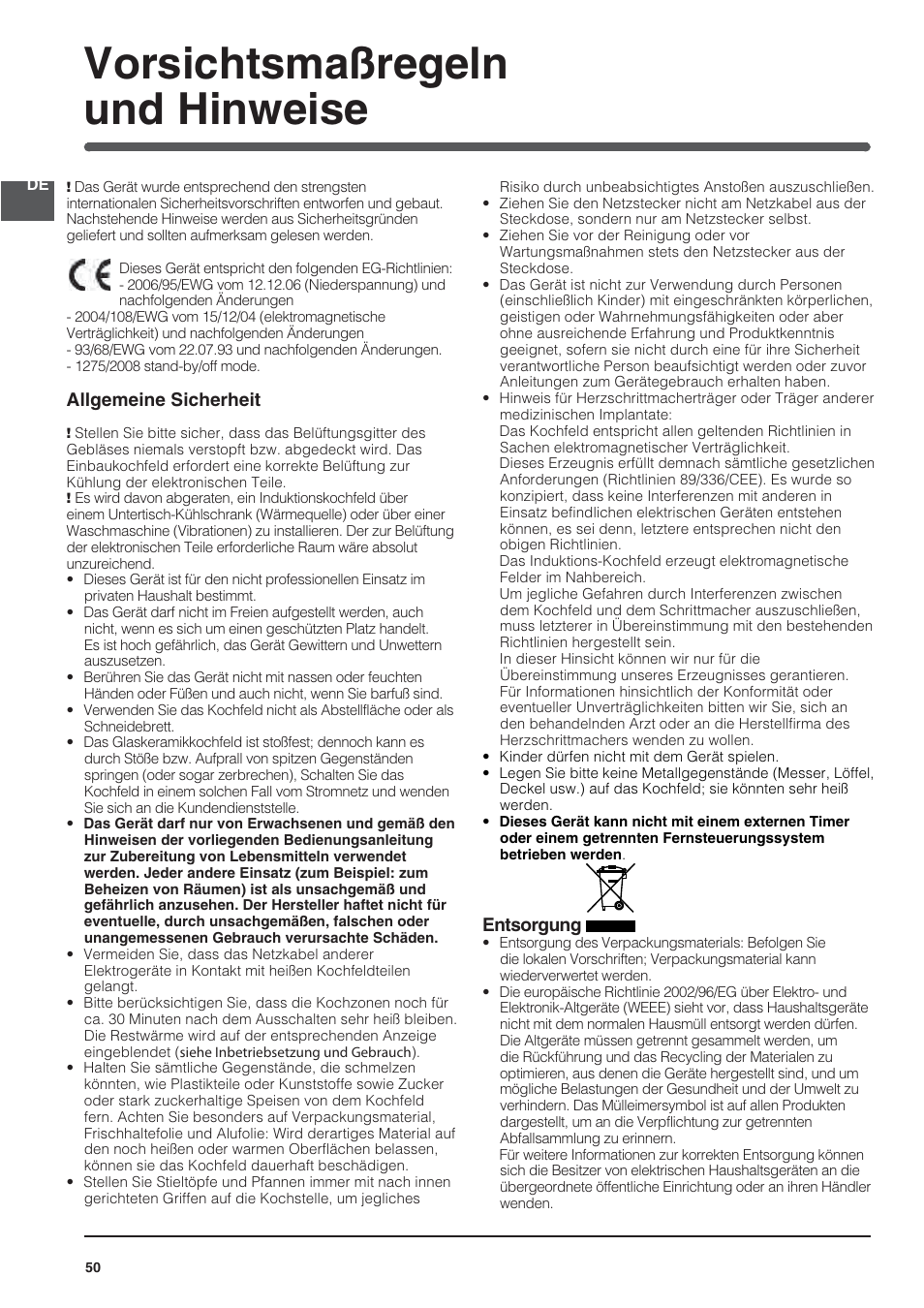 Vorsichtsmaßregeln und hinweise, Allgemeine sicherheit, Entsorgung | Indesit VIA640C – for models from April 2012 User Manual | Page 50 / 84