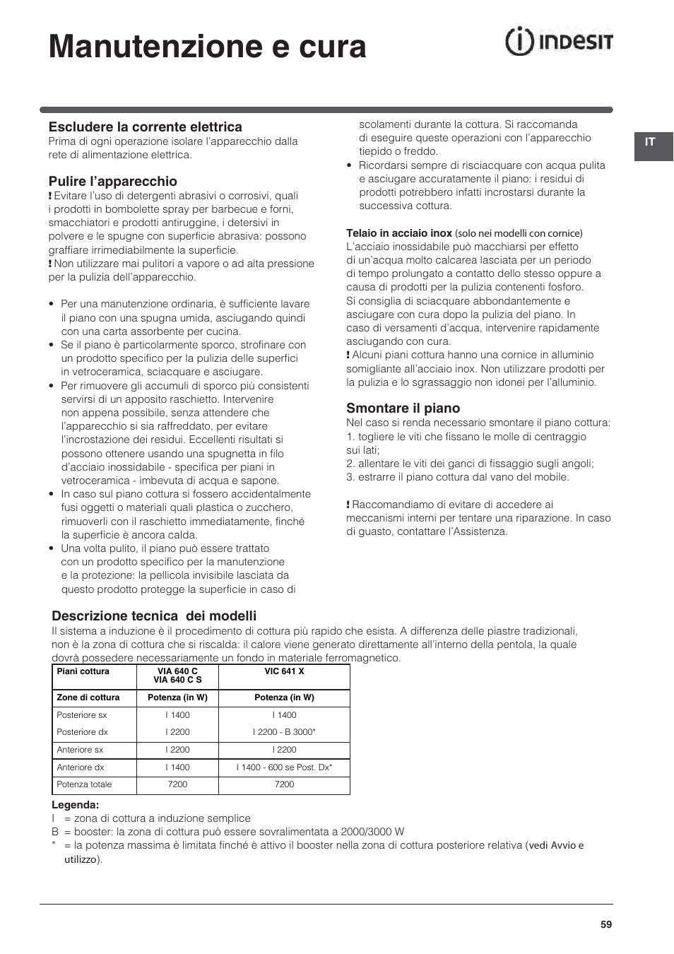 Manutenzione e cura, Escludere la corrente elettrica, Pulire l’apparecchio | Smontare il piano, Descrizione tecnica dei modelli | Indesit VIA640C – for models from April 2012 User Manual | Page 59 / 84
