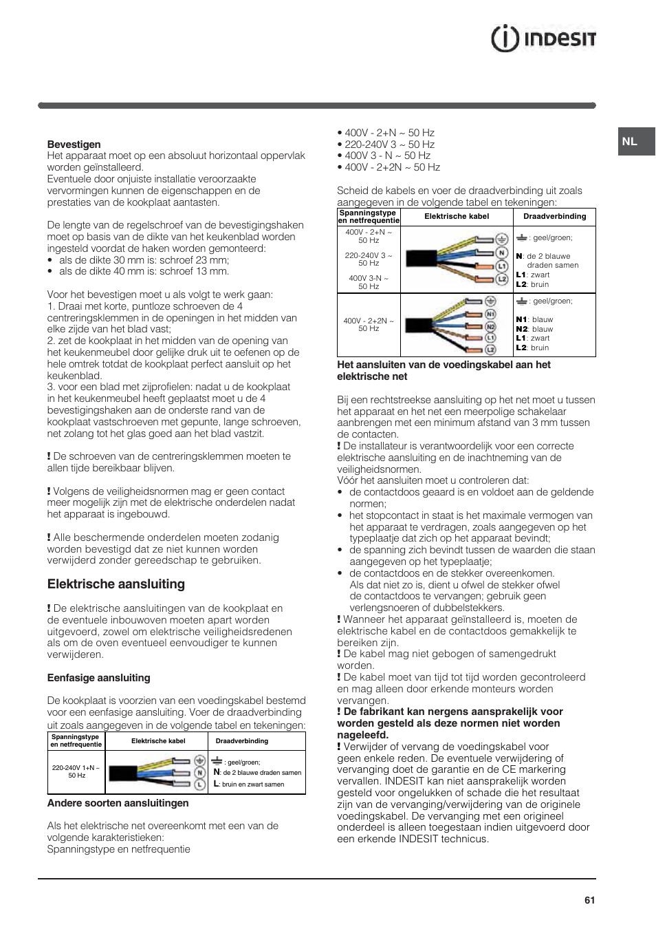 Elektrische aansluiting | Indesit VIA640C – for models from April 2012 User Manual | Page 61 / 84