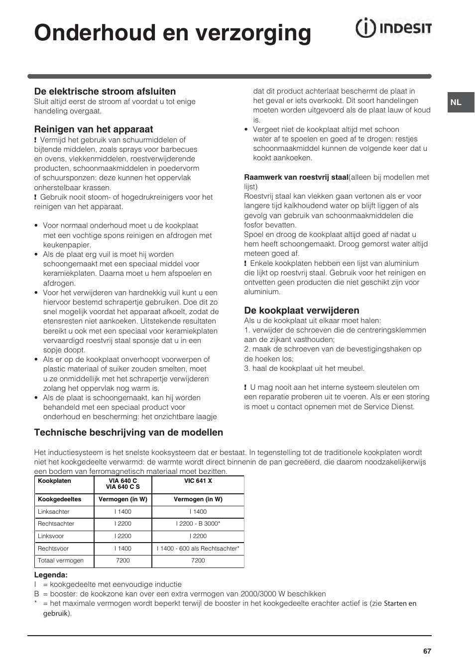Onderhoud en verzorging, De elektrische stroom afsluiten, Reinigen van het apparaat | De kookplaat verwijderen, Technische beschrijving van de modellen | Indesit VIA640C – for models from April 2012 User Manual | Page 67 / 84
