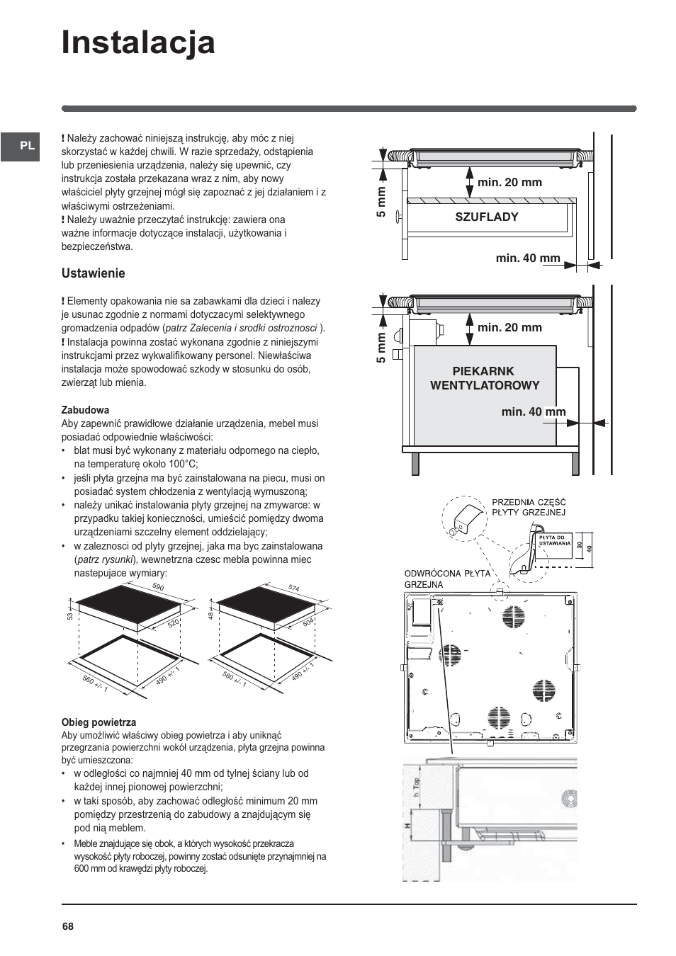 Instalacja, Ustawienie | Indesit VIA640C – for models from April 2012 User Manual | Page 68 / 84