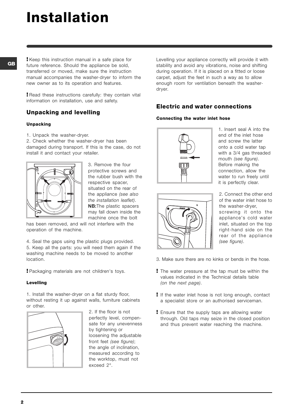 Installation, Unpacking and levelling, Electric and water connections | Indesit WIDL126SUK Cold Fill User Manual | Page 2 / 16