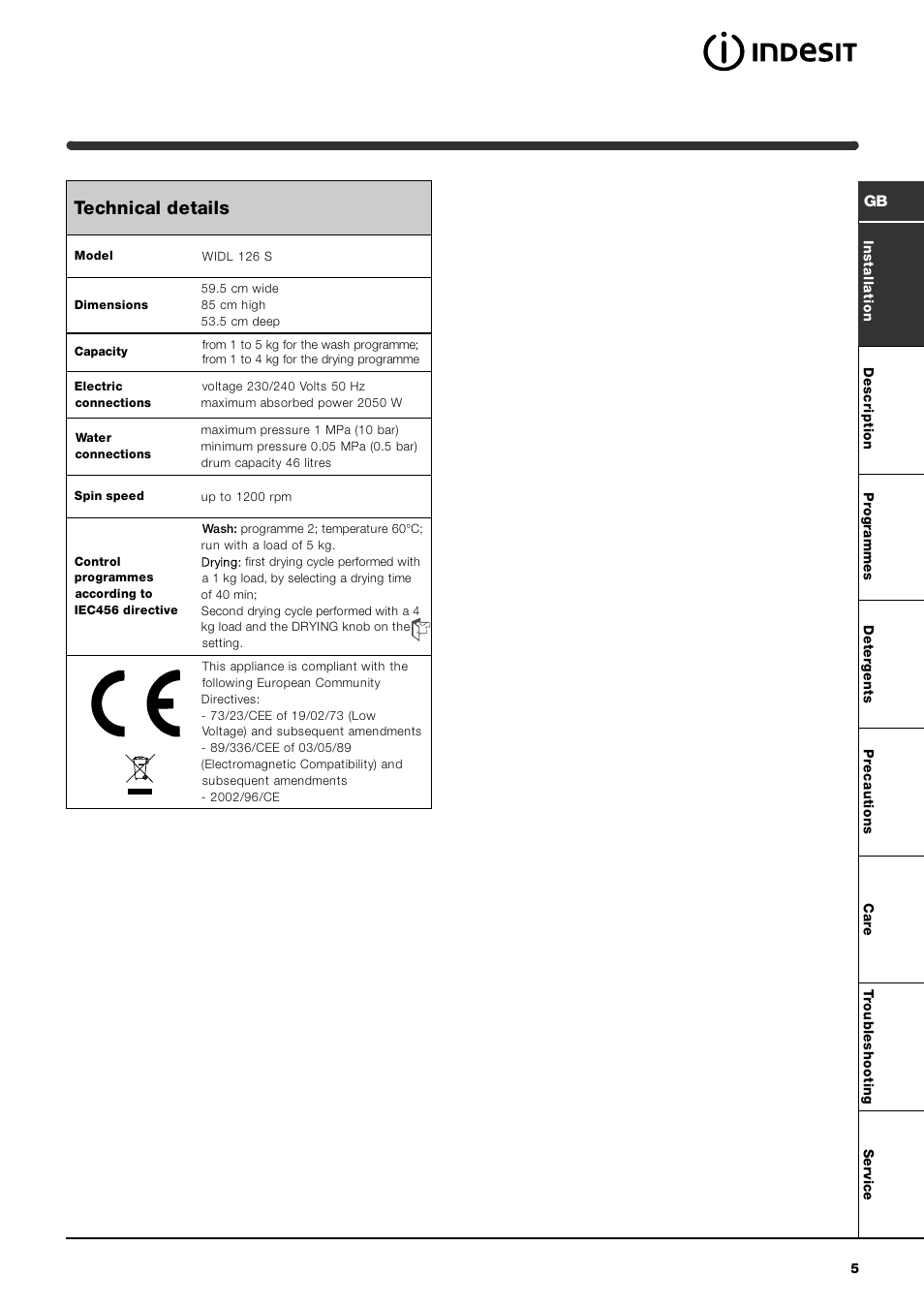 Technical details | Indesit WIDL126SUK Cold Fill User Manual | Page 5 / 16