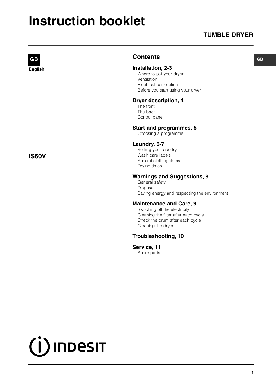 Indesit IS60VS User Manual | 12 pages