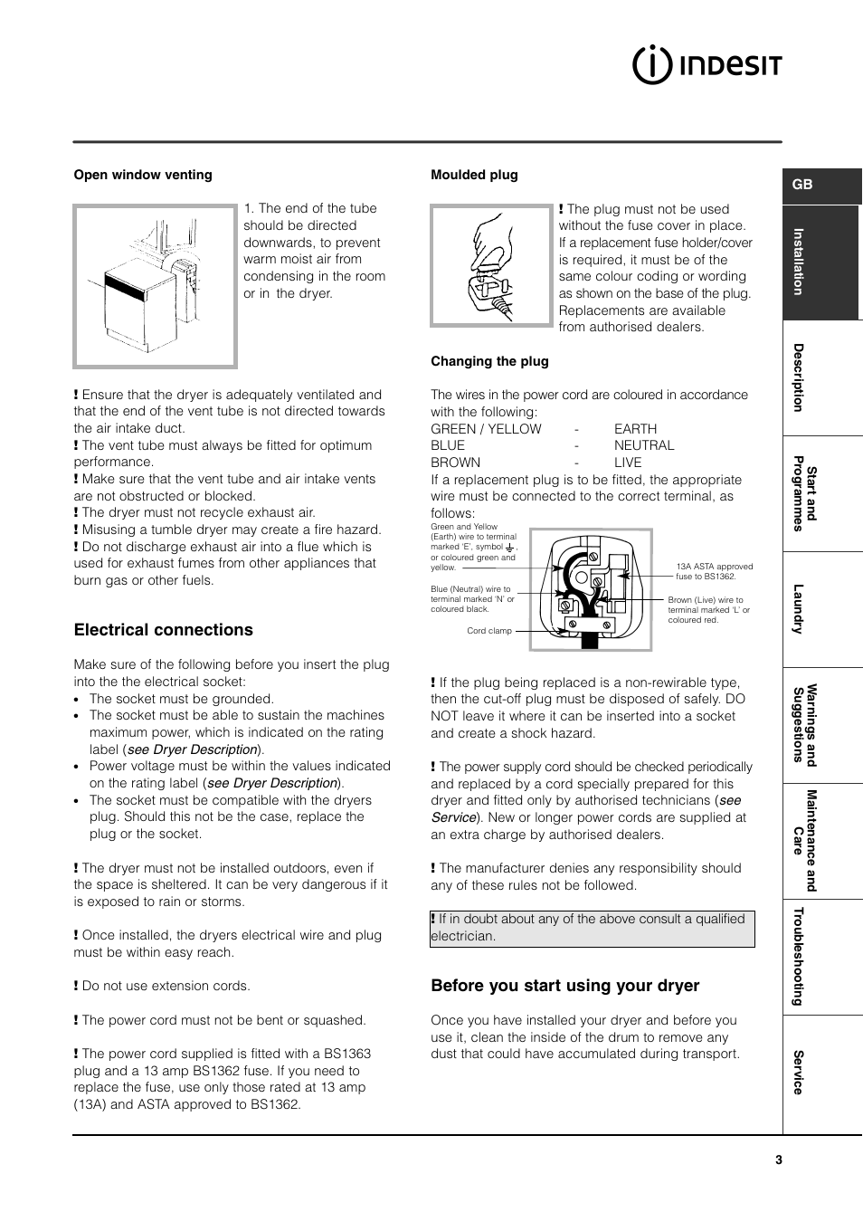 Electrical connections, Before you start using your dryer | Indesit IS60VS User Manual | Page 3 / 12