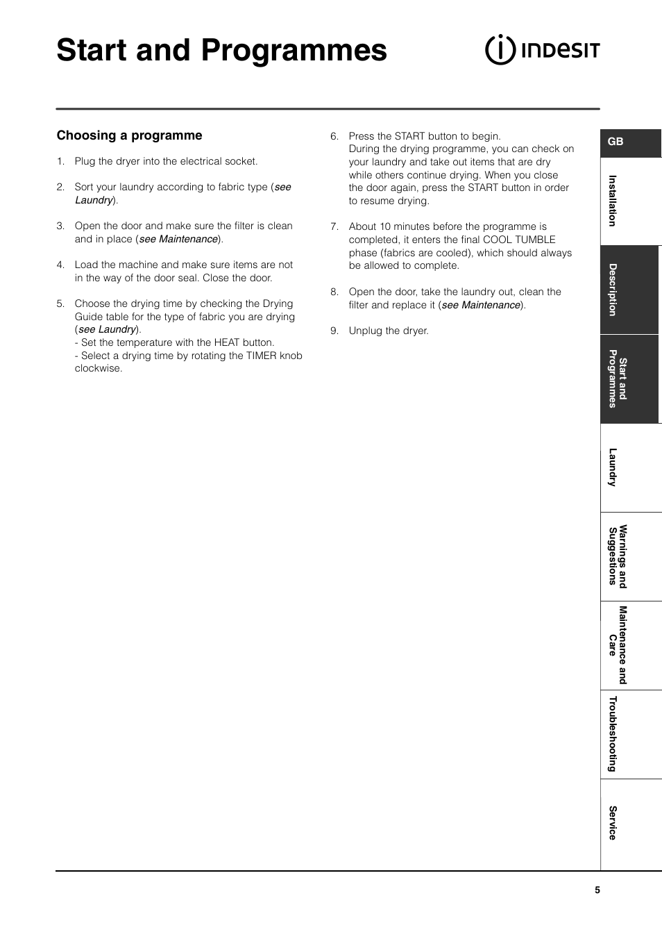 Start and programmes | Indesit IS60VS User Manual | Page 5 / 12