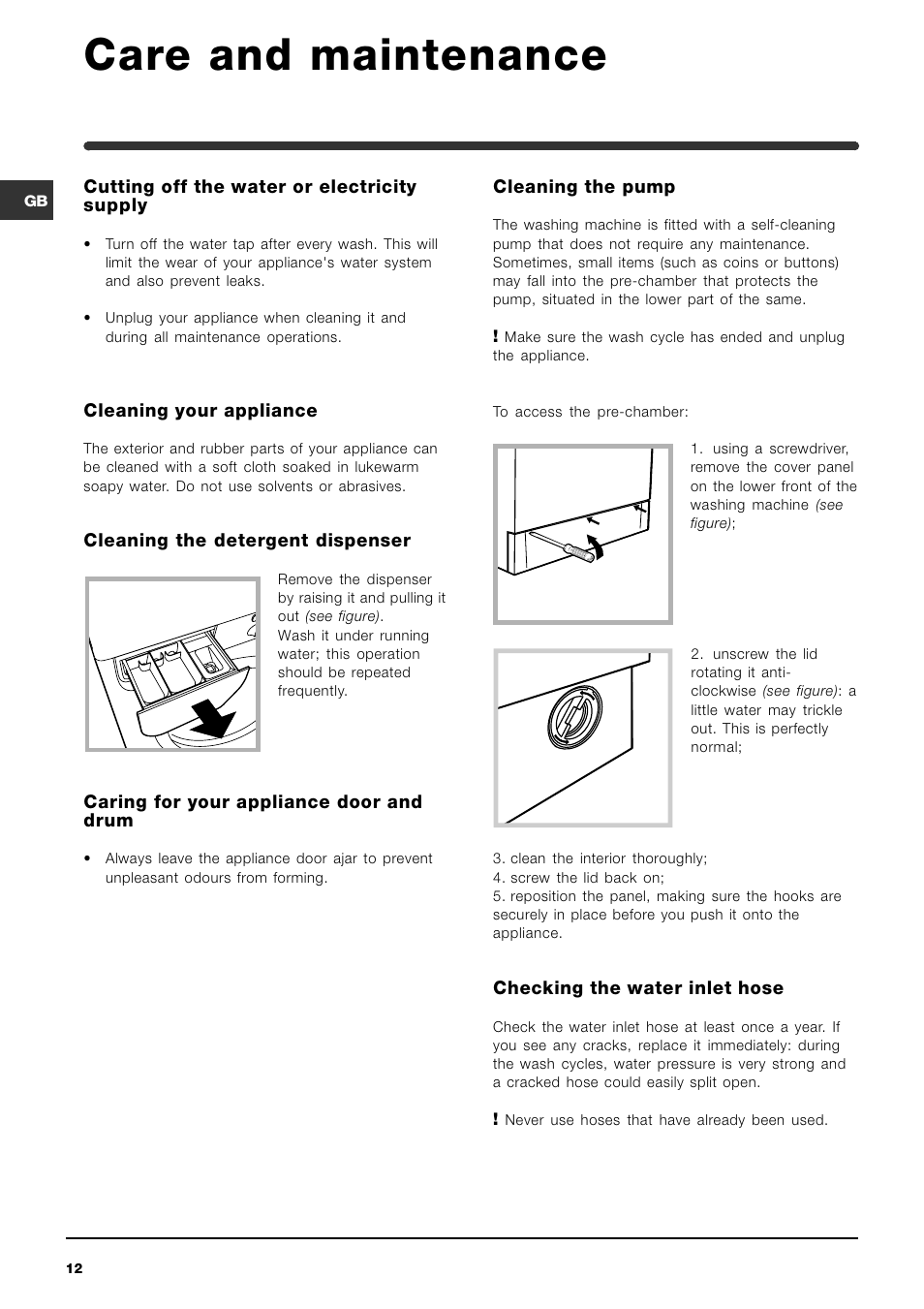 Care and maintenance | Indesit WIL133UKCO Cold Fill User Manual | Page 12 / 16