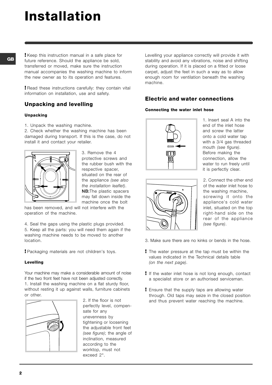 Installation, Unpacking and levelling, Electric and water connections | Indesit WIL133UKCO Cold Fill User Manual | Page 2 / 16