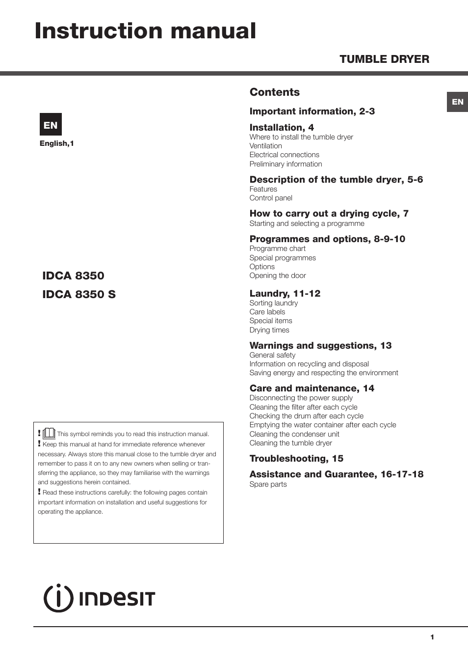 Indesit IDCA8350S User Manual | 20 pages