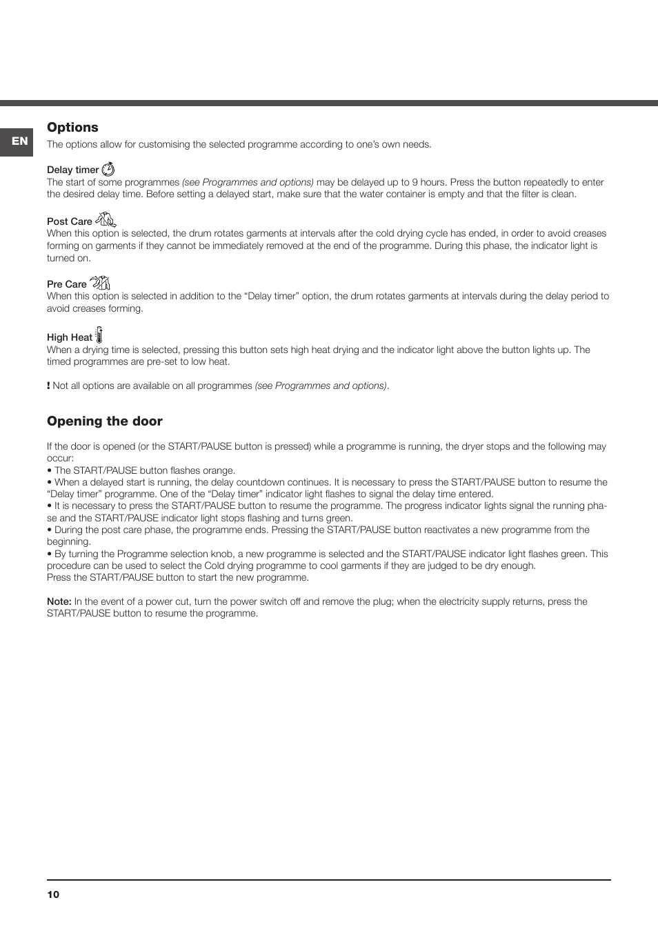 Options, Opening the door | Indesit IDCA8350S User Manual | Page 10 / 20