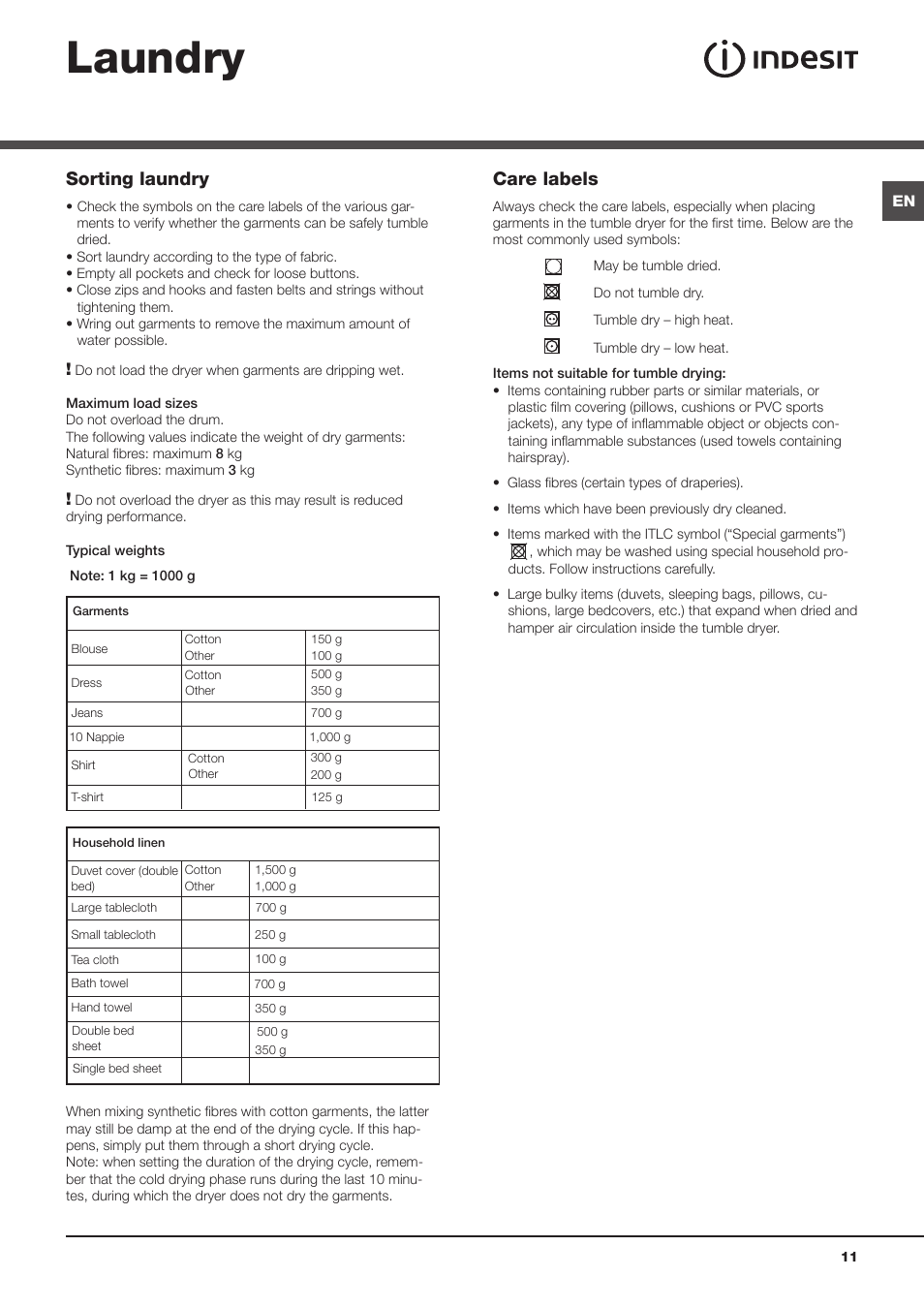 Laundry, Sorting laundry, Care labels | Indesit IDCA8350S User Manual | Page 11 / 20