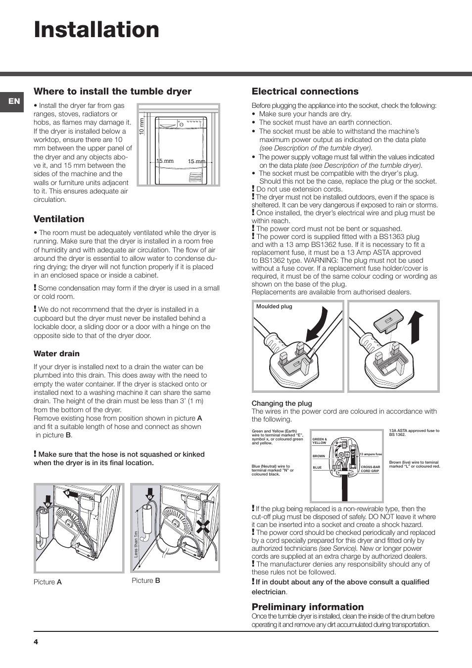 Installation, Where to install the tumble dryer, Ventilation | Electrical connections, Preliminary information | Indesit IDCA8350S User Manual | Page 4 / 20