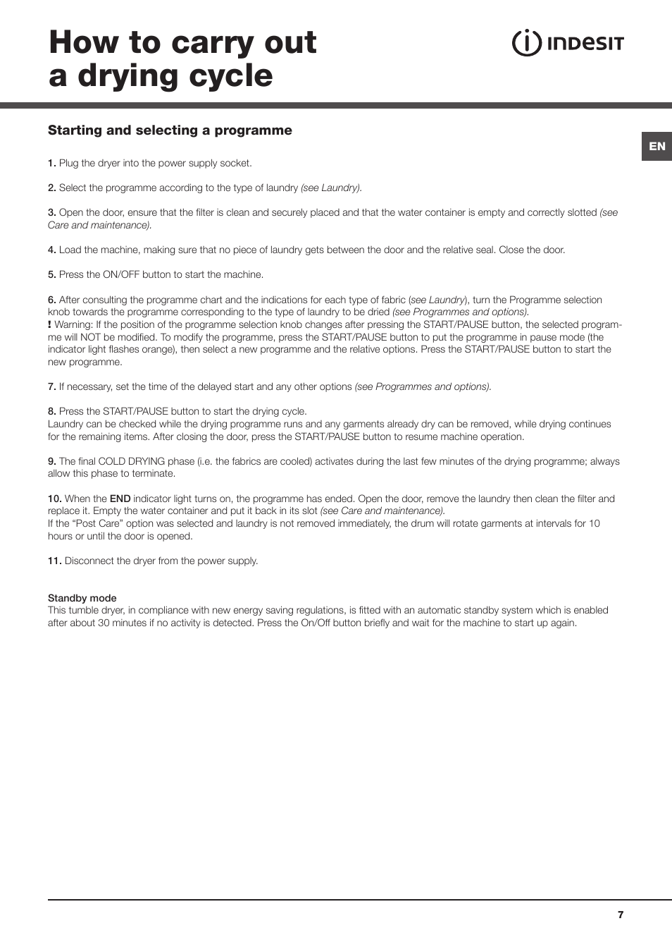 How to carry out a drying cycle | Indesit IDCA8350S User Manual | Page 7 / 20