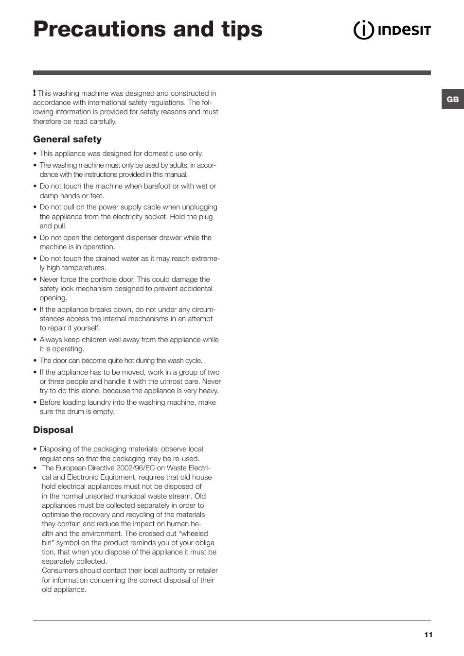 Precautions and tips | Indesit IWB6113 User Manual | Page 11 / 16