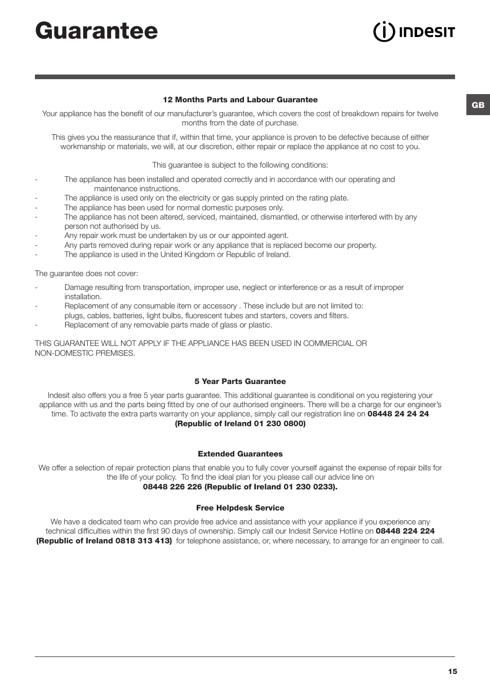 Guarantee | Indesit IWB6113 User Manual | Page 15 / 16